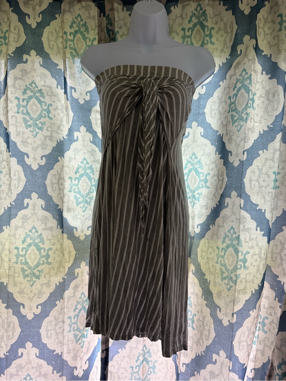 Summer & Sage Grey Striped Front Tie Strapless Bandeau Maxi Dress M